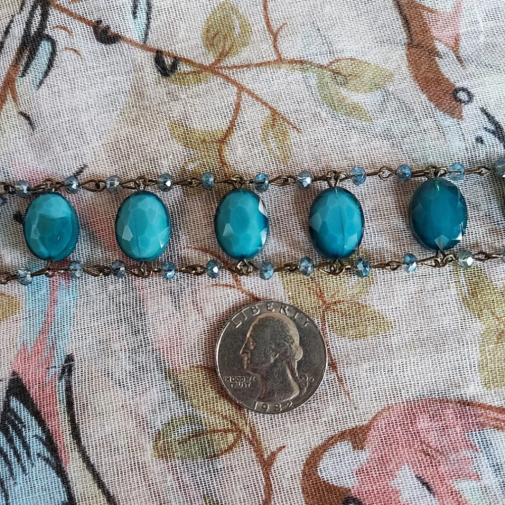 Teal Dusty Blue Glass Oval Faceted  Dual Chain Bracelet Brass Magnetic Clasp EUC